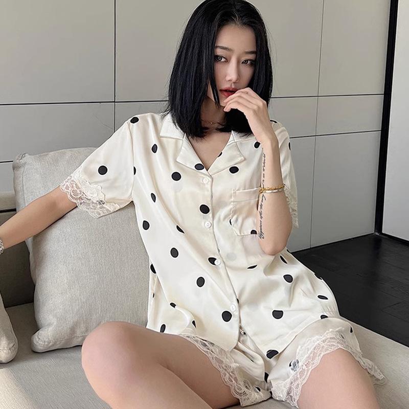 Women'S Pajamas Summer Cold Silk Cool Short-Sleeved Shorts High-End Sweet Lace Polka Dot Set Loungewear