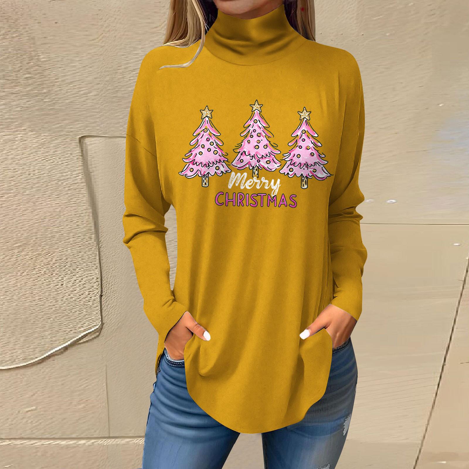 

Women s Fashionable Loose-Fit High-Neck T-Shirt With Christmas Print Long-Sleeved Top XL жёлтый