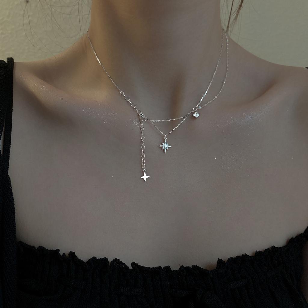 Flash Diamond Hexagram Necklace Niche High-End Ins Temperament Fringed Double-Layer Collarbone Chain Women'S Accessories Quality