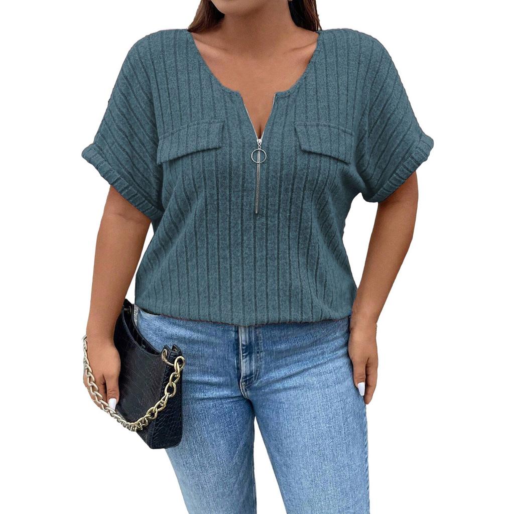 Women's Loose Solid Color Large Size Zipper Short Sleeve Fake Pocket Pullover T-shirt Top