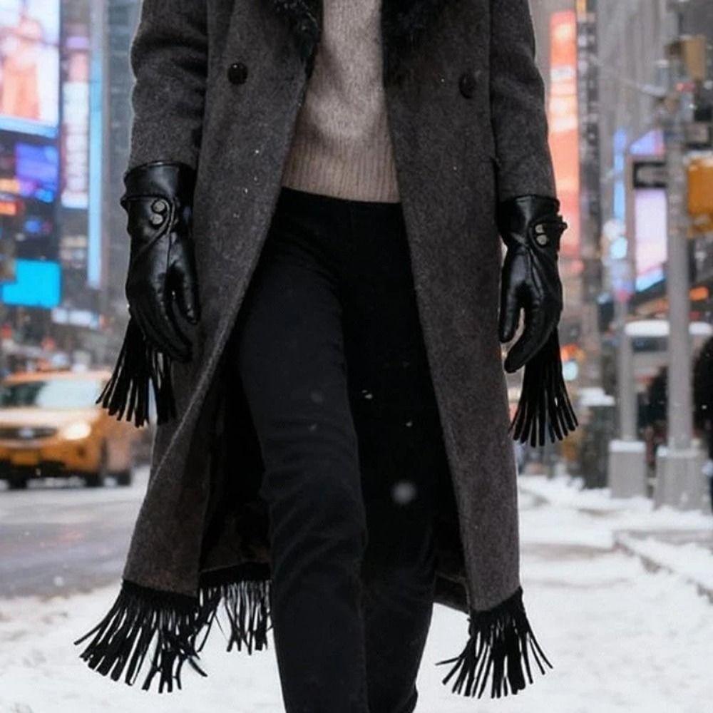 PU Leather Lace-trimmed Gloves Winter Warm Outdoor Cycling Gloves Fashion Touchscreen Gloves