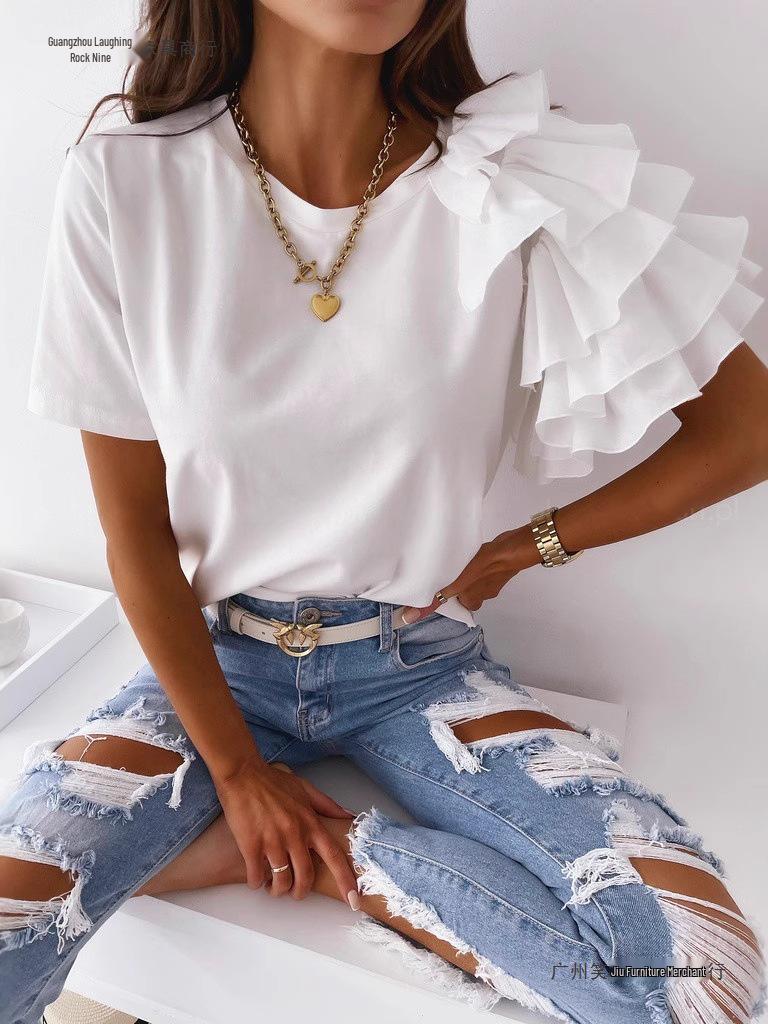 2026 Summer Fashion Women's Ruffle Short Sleeve Round Neck T-shirt, European and American Style