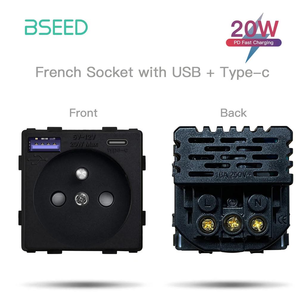 BSEED Glass Socket Frames 1/2/3Gang Mechanical Button Switches French Socket TV ST RJ45 CAT5 Type-c USB Sockets DIY Insert Parts