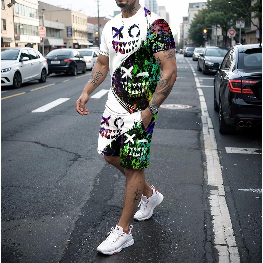 Summer 3D Fun Smiling Face Pattern Round Neck Short sleeved T-shirt Shorts Set Men's 2-piece Casual Street Sportswear