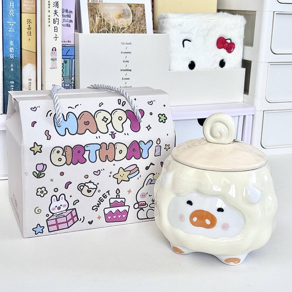 Milk fufu pig ceramic mug with lid spoon for girlfriend birthday gift office coffee milk cup