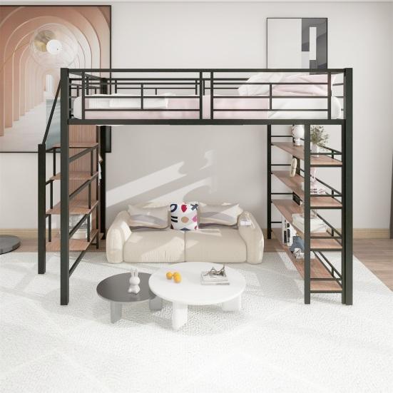 Litera Juvenil con Escalera de Seguridad Varios Estantes Armario Empotrado Carga Fuerte para Adultos Marco Metálico Loft Muebles para el Hogar Doble Capa