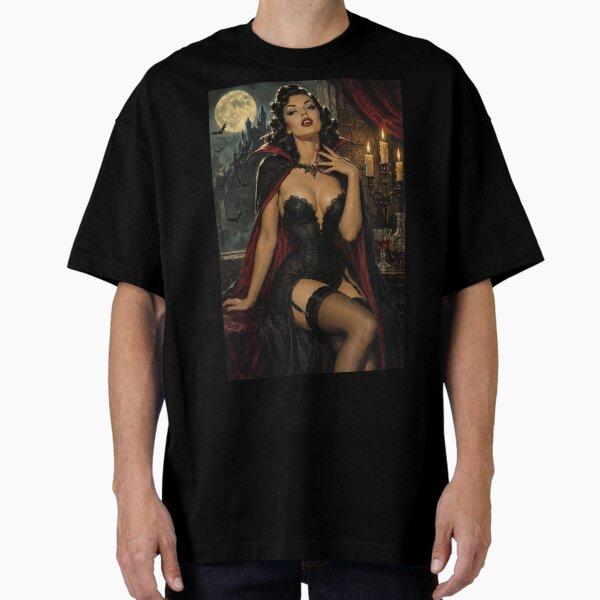 Vintage Vampire Pin-Up | Gothic Halloween Glamour Art Print Oversized T-Shirt