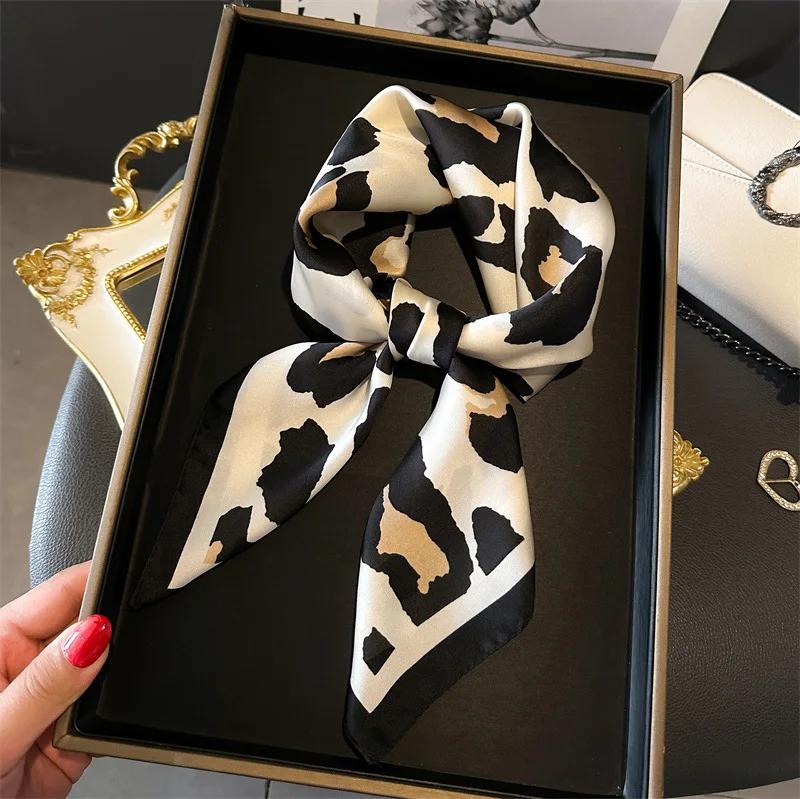 Luxury Brand Women Leopard Print Square Hijab Scarf Soft Satin Silk-like Small Neck Scarf Stylish Casual Headscarf