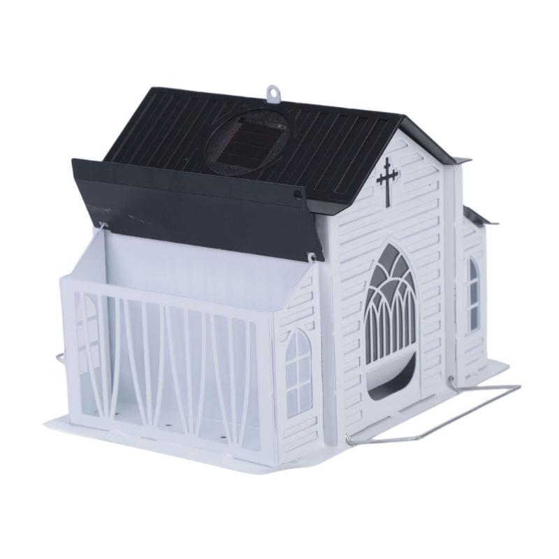 Church Shape Metal Solar Bird Feeders with Light Outdoor Hanging Church Birds Feeders Large Capacity Decorative
