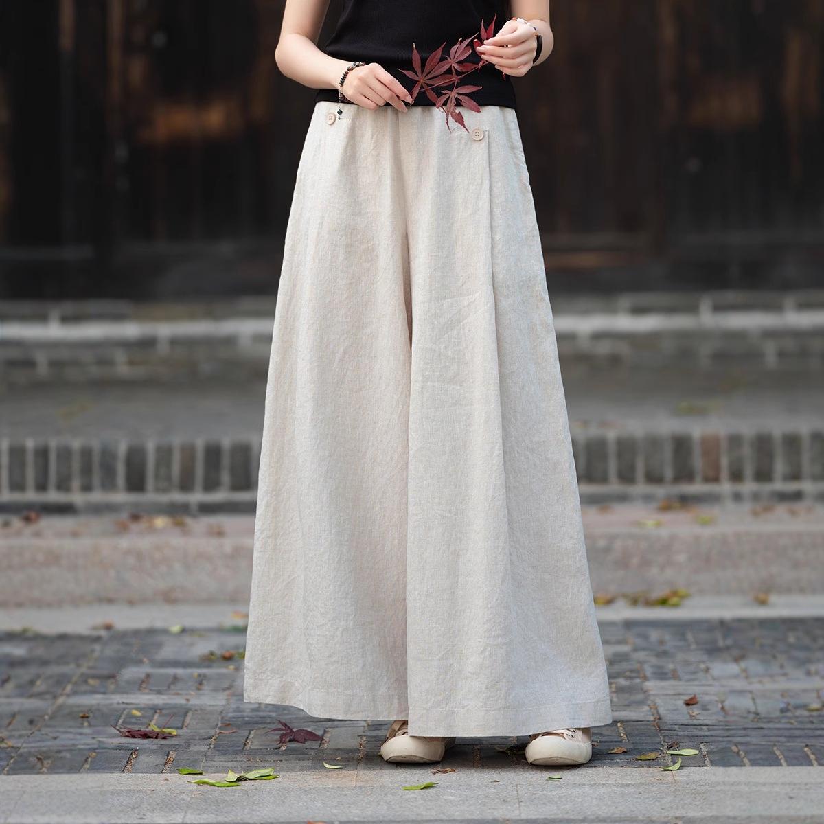 Женские летние литературные ретро хлопково-льняные широкие брюки-юбка S абрикосовый