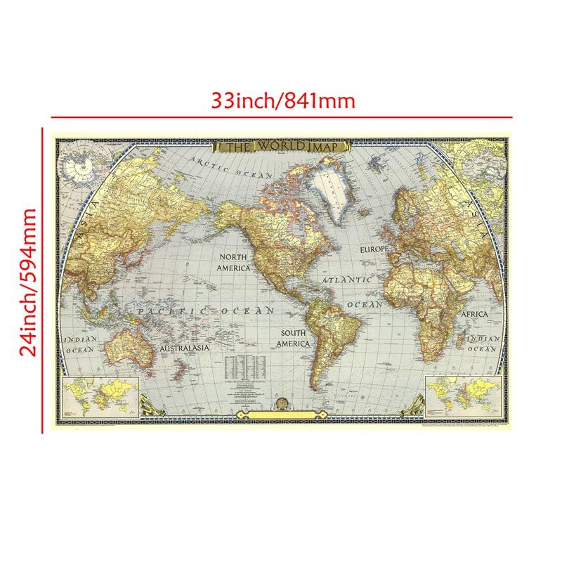 Vintage 1943 World Map Poster Retro Antique Globe Art Print Large Canvas Wall Map Educational Travel Map for Home Office School Wall Decor