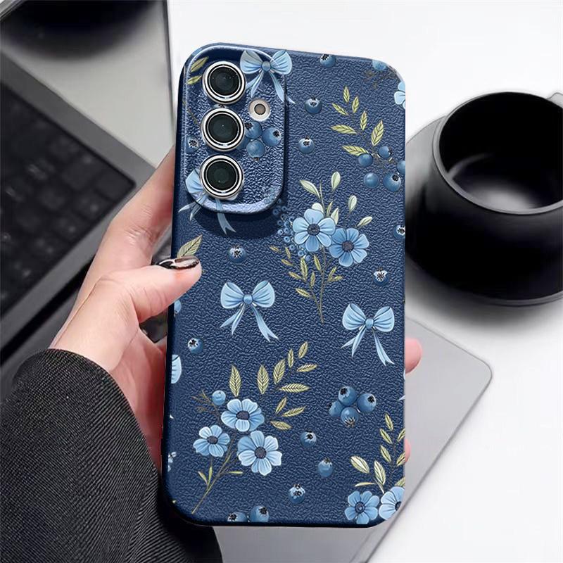 

Чорничний Бантик Квітковий Чохол Для Samsung S26 S25 S24 Ultra S23 S22 S21 FE A15 A16 A17 A26 A35 A36 A37 A54 A55 A56 A57 5G Шкіряна Текстура Обкладинка Samsung A57 5G синій