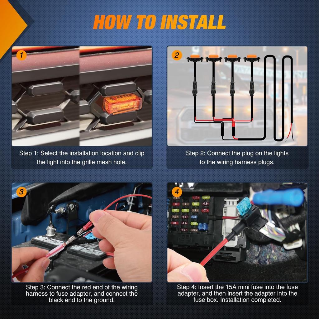 Nilight Front Grille Marker Light 4PCS 4LED Amber Lens Waterproof Dustproof Lights w/4Leads Harness 15A Fuse Compatible with 2016-2023 Toyota Tacoma
