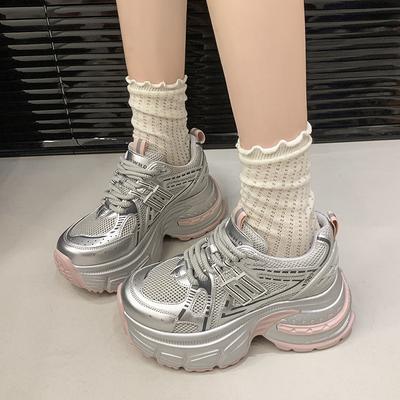 Fashion Spring Women Casual Shoes New 2025 Breathable Mesh Vulcanized Sneakers Female Soft Leather High Heels Summer Sport Dad Shoes 8CM