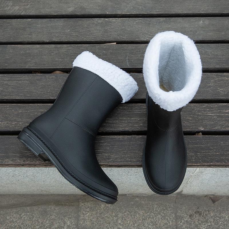 Nové dámské hřejivé holínky módní vodní boty nepromokavé zimní kotníkové boty holínky středně vysoké jednobarevné kotníkové boty