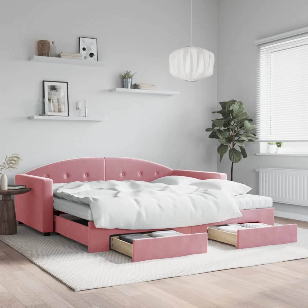 Pull Out Daybed with Drawers Pink 100x200 Cm Velvet