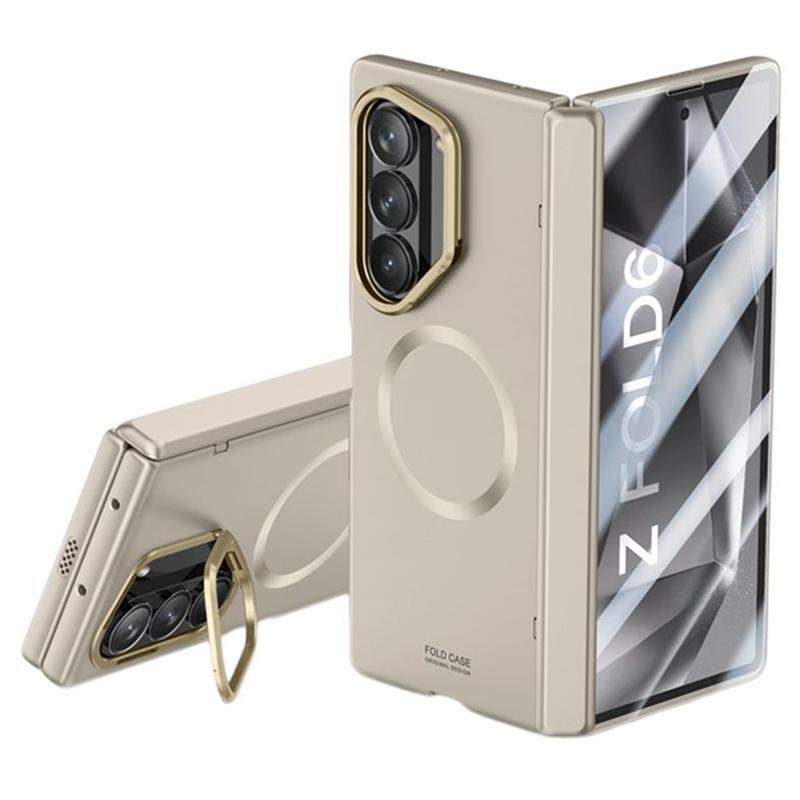 

For Samsung Galaxy Z Fold6 5G Magnetic Case Hard PC Phone Cover with HD Tempered Glass Film,Kickstand Titanium Grey