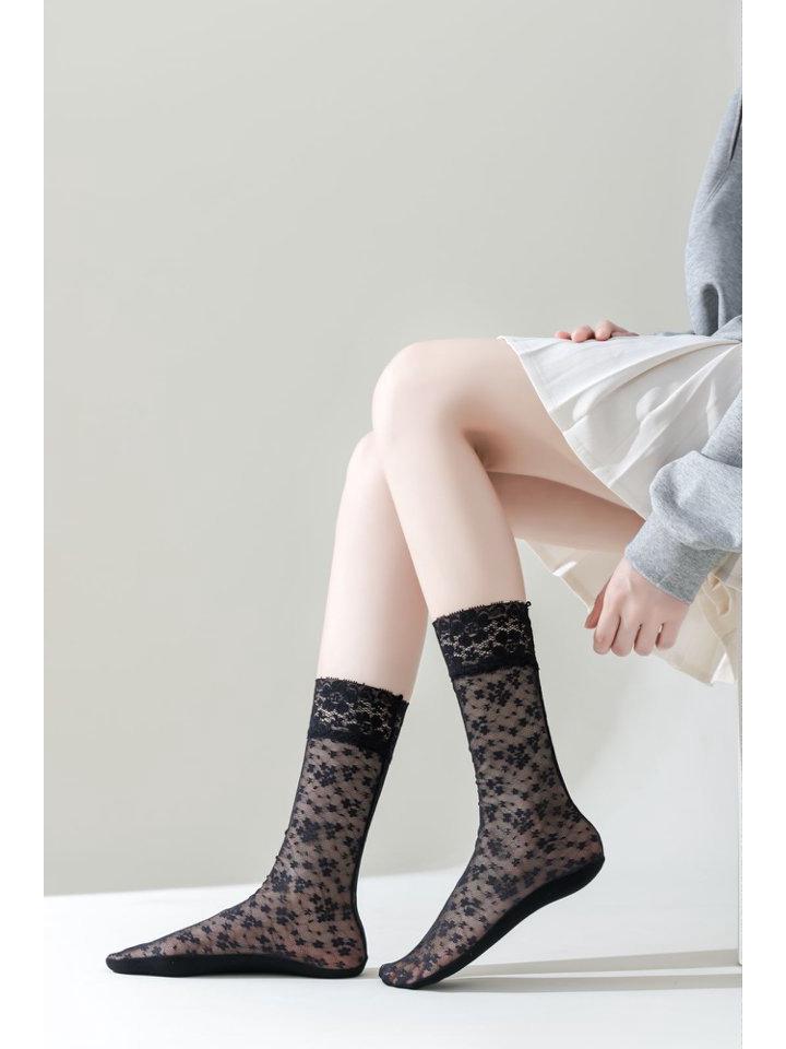 Women's Summer Thin Cotton Lace Trim Over-the-Knee Socks - Breathable Fishnet Gauze