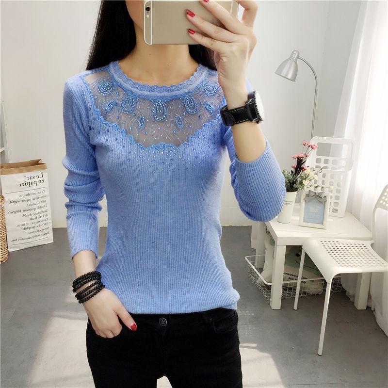 

Pofulove Сексуальная кружевная ажурная нижняя рубашка с длинными рукавами, тонкий свитер с круглым вырезом, женский свитер, пуловер XL синий