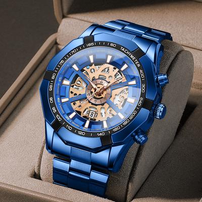 Top Luxury Brand Watch Men's Stainless Steel Hollow Waterproof Watch Fashion Sport Blue Mens Watch Luminous Calendar