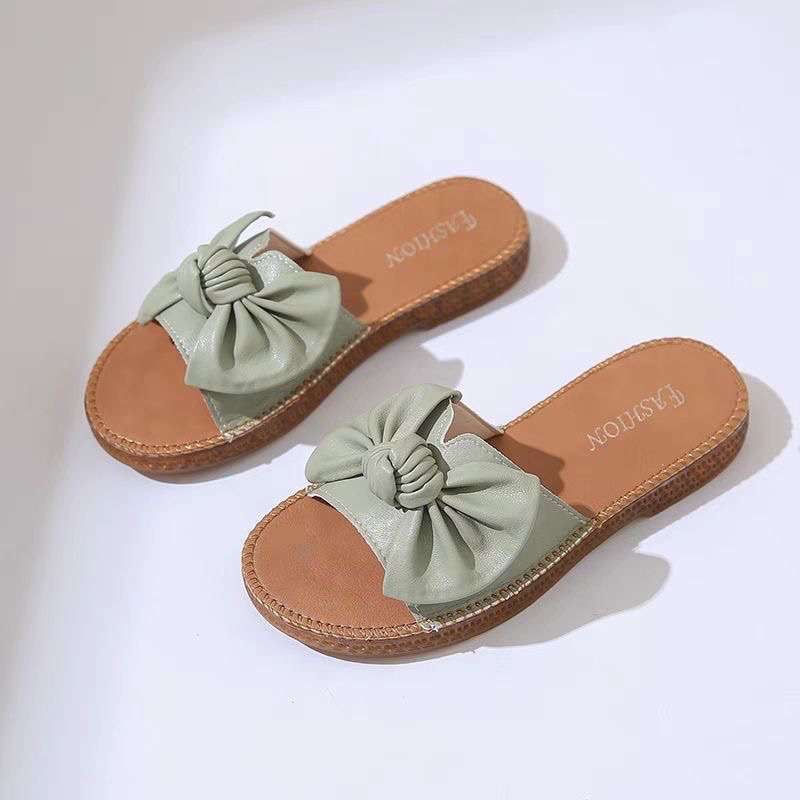 Brand broken size slippers women's bow flat bottom 2025 soft bottom non-slip beef tendon fashion maternity summer sandals