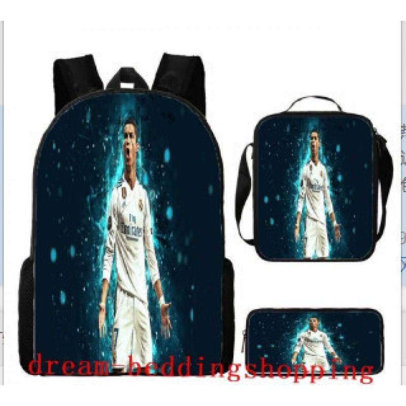 Kids Soccer Fan Backpack Set With Cristiano Ronaldo Neymar Print Oxford Fabric School Bag Boys Girls