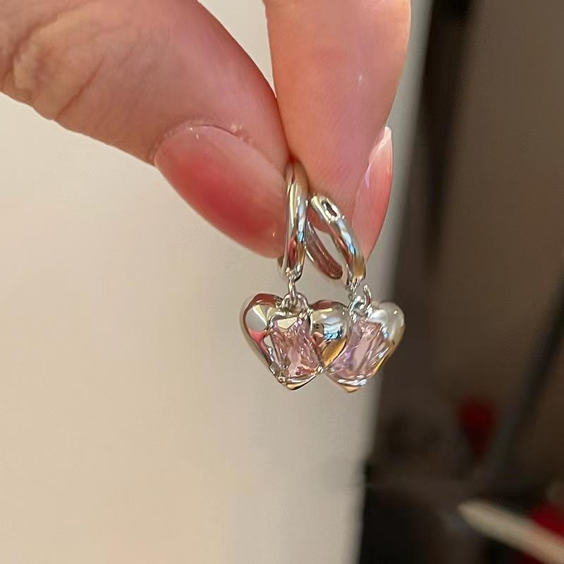 New Fashion Y2K Pink Peach Heart Drop Pendant Earrings Women Girl Sweet Crystal Dangle Earrings Luxury Banquet Jewelry Gift