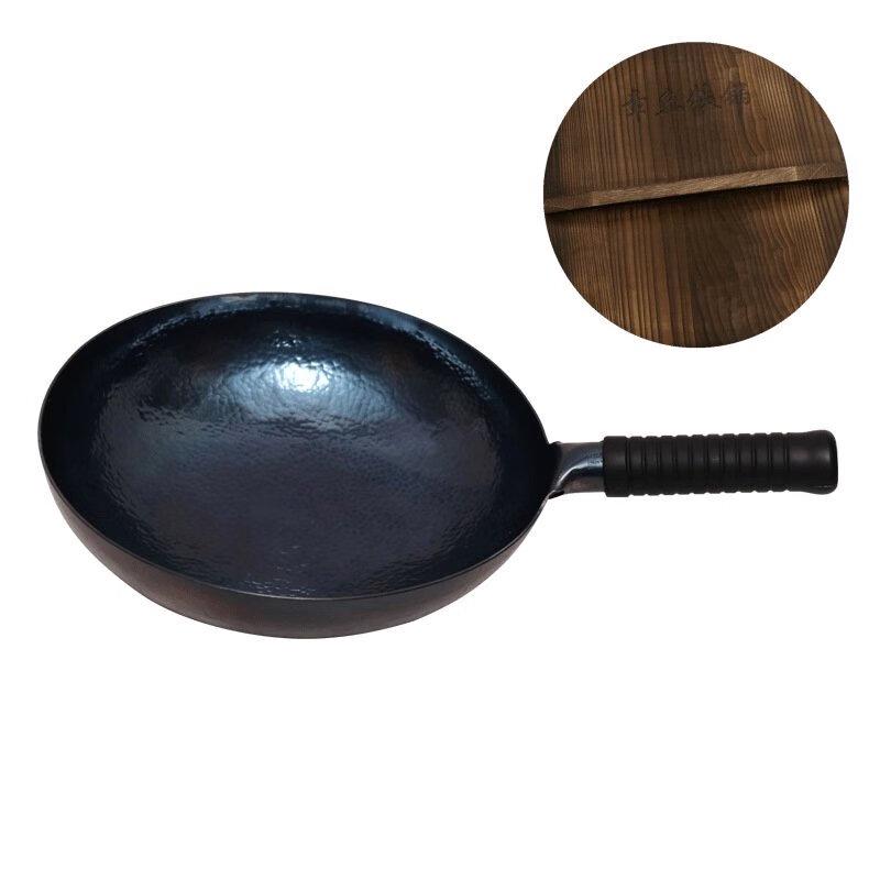 ZISIZ Forged Wrought Iron Non-Stick Wok with Wood Lid, 30cm