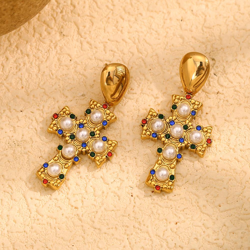 MamacitaSlay Vintage Imitation Pearls Cross Drop women's earring Tarnish Free stainless steel jewelry women Accessories