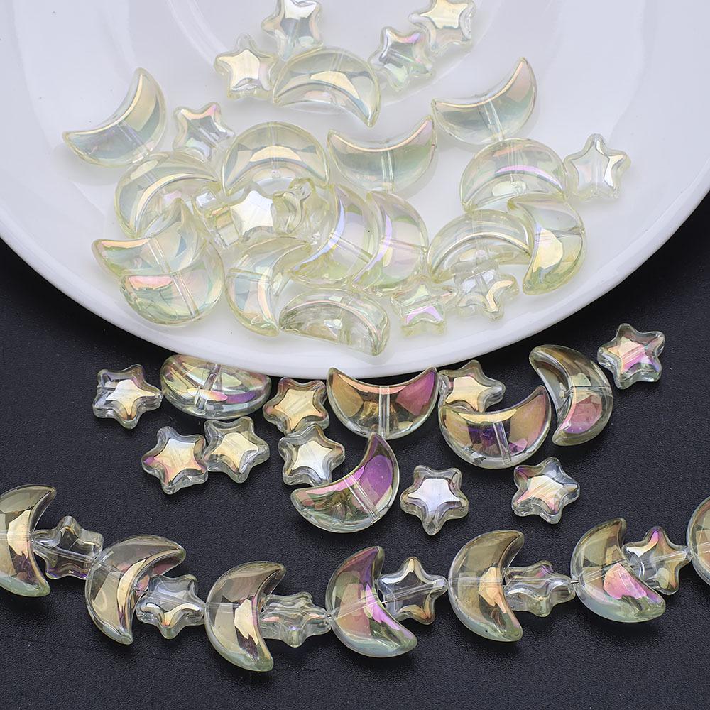 Moon and Star Glass Beads Set: Iridescent DIY Bracelet & Necklace Kit