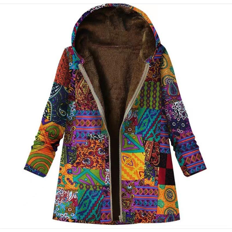 Women Casual Outwear Winter Warm Retro Printed Pockets Zipper Hooded Thicker Coat Plus Size