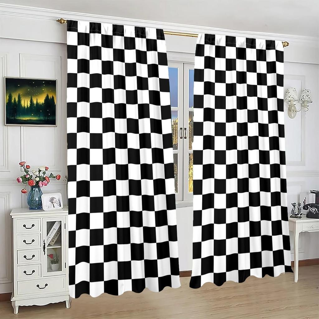 JIT 2pcs Geometric Checkered Curtains Room Darkening Window Treatment for Living Room Bedroom Polyester Rod Pocket Curtains H