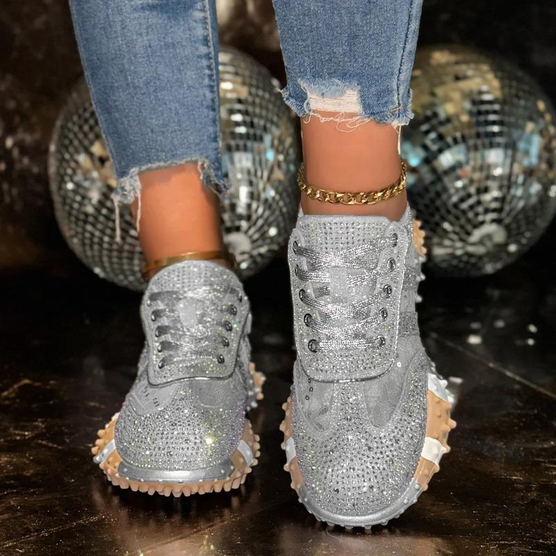 Fashion Breathable Casual Sporty Women's Single Shoes Spring Autumn Thick Bottom Leisure Sports Water Diamond Mesh Shoes Dad Sneakers