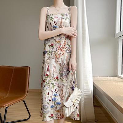 Large-size French Floral Satin Suspender Dress for Women's Summer Tea Skirt Vacation Style Mid-long Beach Skirt
