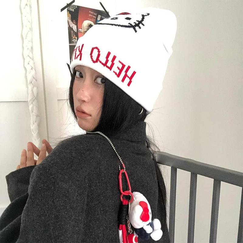 Cute Cartoon Hello Kitty Wool Knitted Hats Autumn And Winter Warm Beanies Comfortable Versatile  Personal Cap