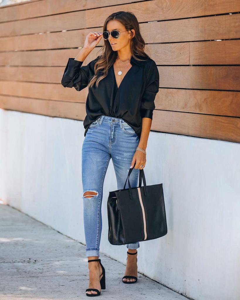European and American Blue Ripped Skinny Pencil Jeans - In Stock