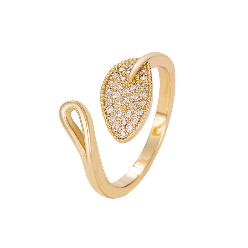 Adjustable 18K Gold Zircon Leaf Ring for Women