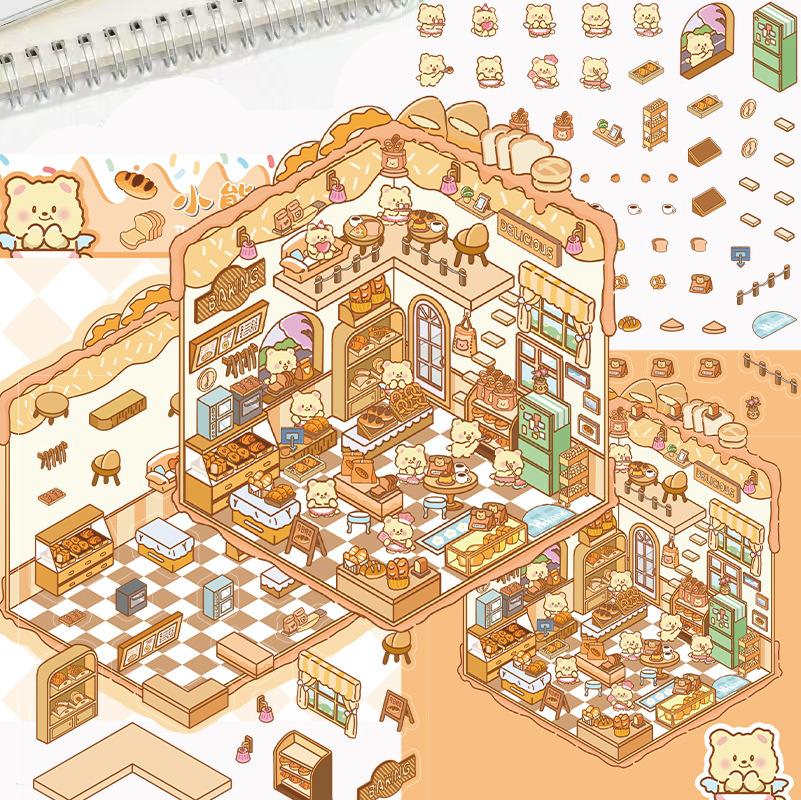 Cartoon Landscape Sticker Bear Bakery Miniature World 3D Hut Unzip DIY Scene Manual Post