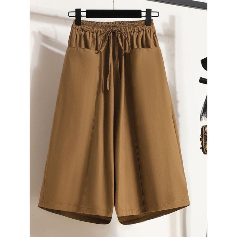Plus size women clothing Chubby Girl European and American Summer New Elastic High Waist Lace-up Tencel Thin Casual Cropped Wide Leg Culottes