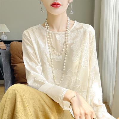 Women's Summer Silk Satin New Round Neck Printing Short Loose Large Size Long-sleeved T-shirt