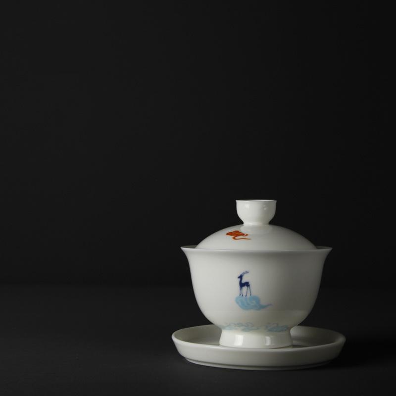 Hand-Painted Deer Gaiwan Household Ceramic Porcelain Tureen Chinese Kungfu Tea Sets Retro Teaware Drinkware Tea Ceremony Infuser