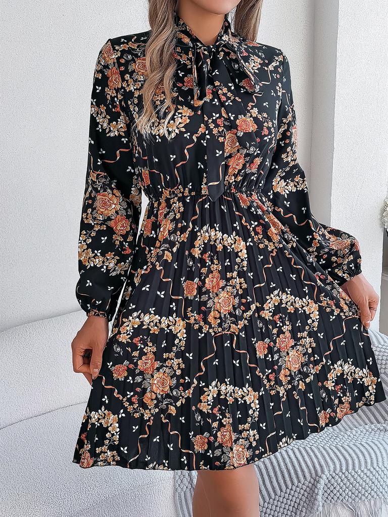 Elegant Floral Lace Up Waist Long Sleeve Pleated Midi Dress For Women
