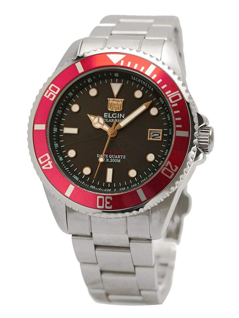 Elgin Solar Water Resistant to 20 Black Red Men's Diver's Watch, ATM, Dial, Bezel, FK1426S-R