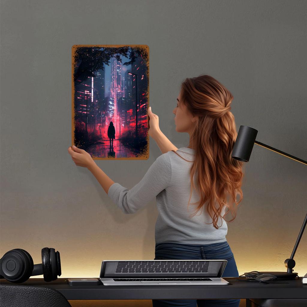 Cyberpunk Stadtlandschaft Metallschilder Stadtsilhouette Poster Metall Vintage Poster Kundenspezifisches Blechschild für Wandkunst Dekoration Wanddeko