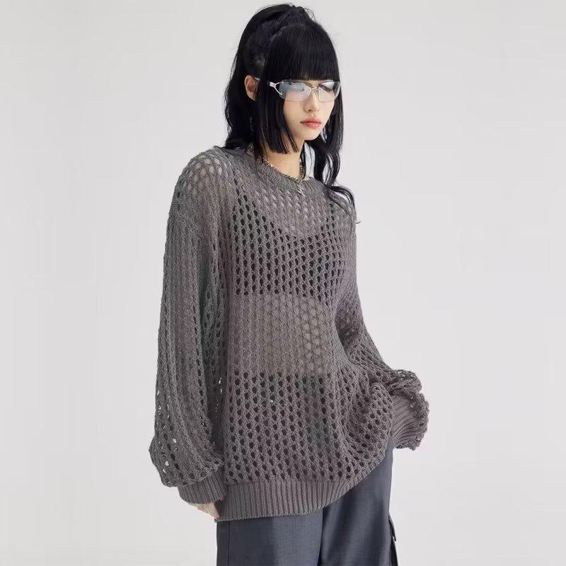 

2023 Унисекс Повседневный свитер с круглым вырезом и ажурным узором M серый