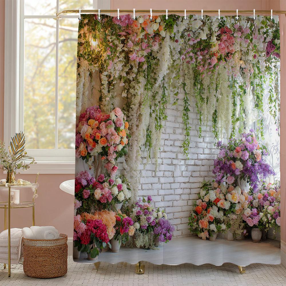

Spring Pink Floral White Yellow Shower Curtain, Bathroom Decorative Shower Curtain, Waterproof Shower Curtain With Hooks W60H190(CM)-1 Pcs