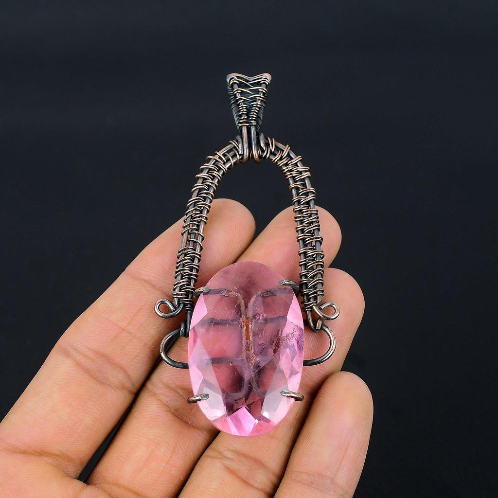 Pink Kunzite Pendant Gemstone Jewelry, 999 Copper Wire Wrapped Pendant, Handmade Jewelry Birthstone Pendant, Gift For Him