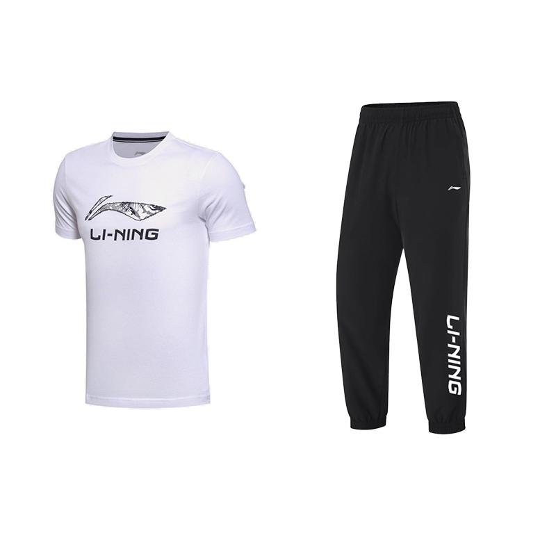 

Пуловер с круглым вырезом и принтом логотипа Li Ning, короткий рукав, эластичные длинные брюки с надписью Cool Dry, повседневный спортивный комплект, спортивный комплект унисекс YHST165-1+YYKU111-1 L