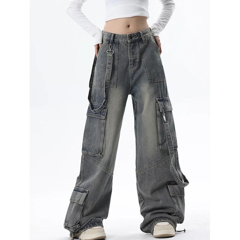 Damen Jeanshose mit weitem Bein und hoher Taille, Y2K-Stil, gerade Beinhose, Streetwear, für den Winter, Blau