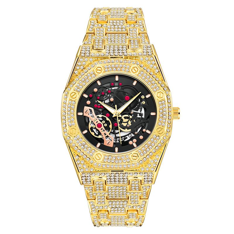 

Men s Hip Hop Quartz Watch with Diamond-Set Alloy Band, Trendy and Cool with Calendar Feature. золотой